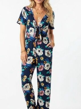 Band of Gypsies Navy Floral Tie-Front Jumpsuit with Teal & Pink Accents